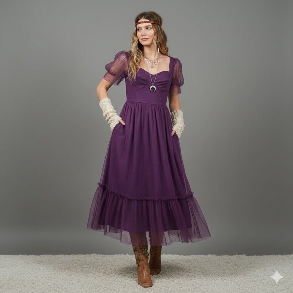 Lulus Whimsy Fairy Wedding Guest Plum Purple Tulle Bustier Midi Dress Small NWT - Picture 7 of 8